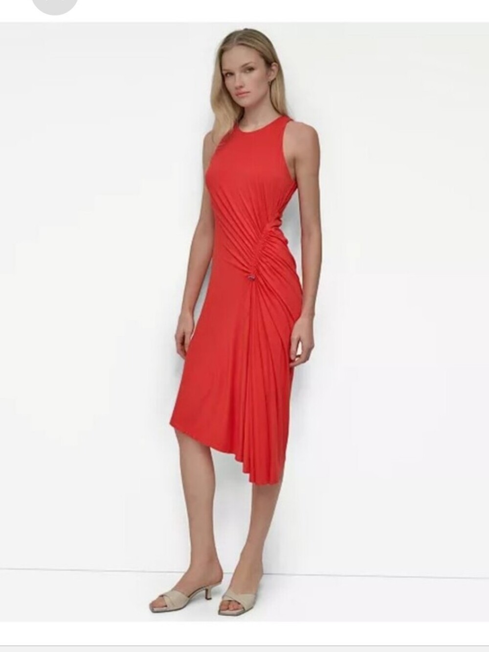 DKNY NWT Orange Red Ruched Drawstring Sleeveless Midi Dress Size 14 $129